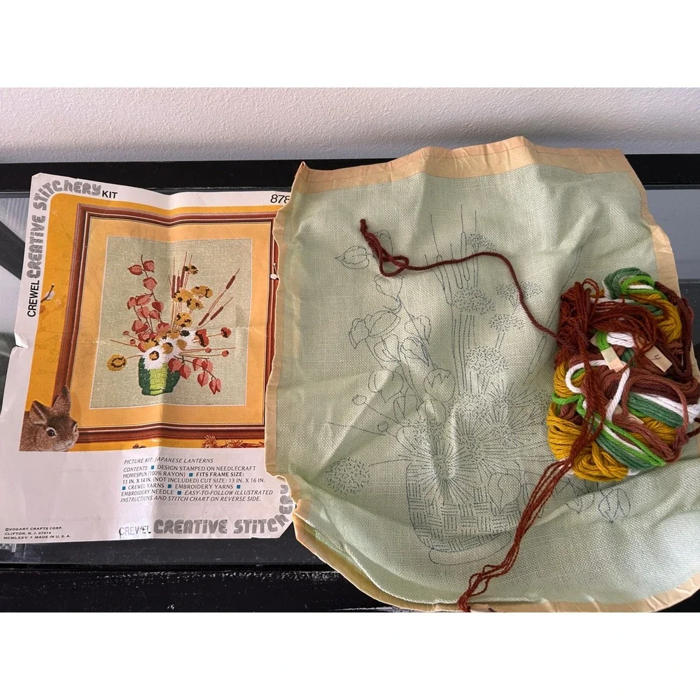 Vintage Vogart Crewel Embroidery Kit Japanese Lanterns Floral 878A 1975 MCM